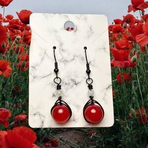 10mm Red Glass & Moonstone Wire Wrapped Earrings